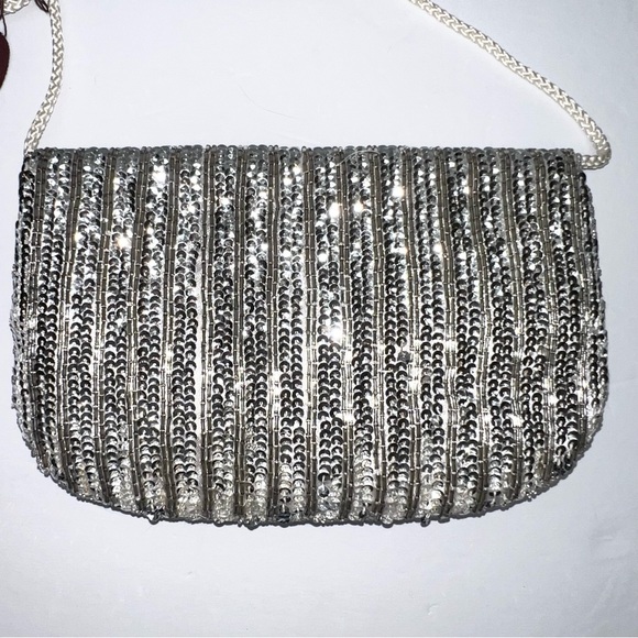 Walborg Silver Sequins Flap Over Crossbody Bag Purse Small Vintage NWT - Picture 4 of 7